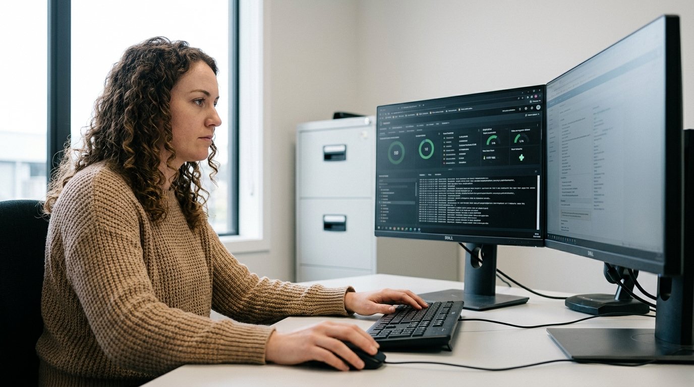 A business owner checking client data security settings at their workstation