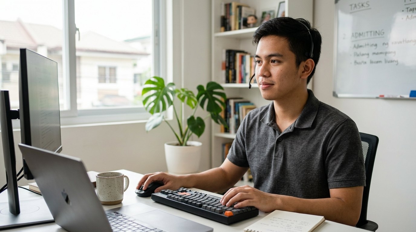 Filipino virtual assistant working at a home office desk with a headset