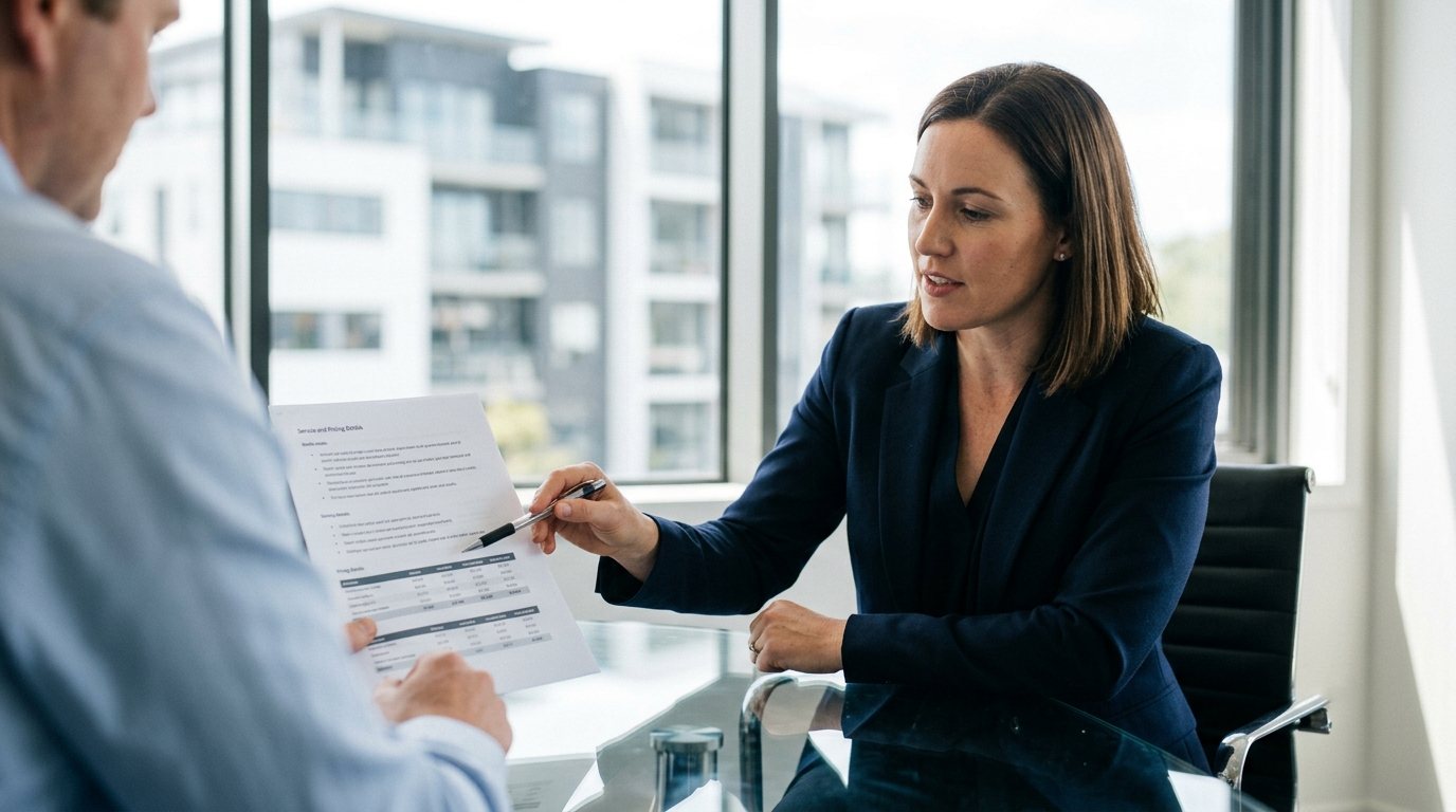 A professional reviewing virtual assistant service and pricing details in a meeting room