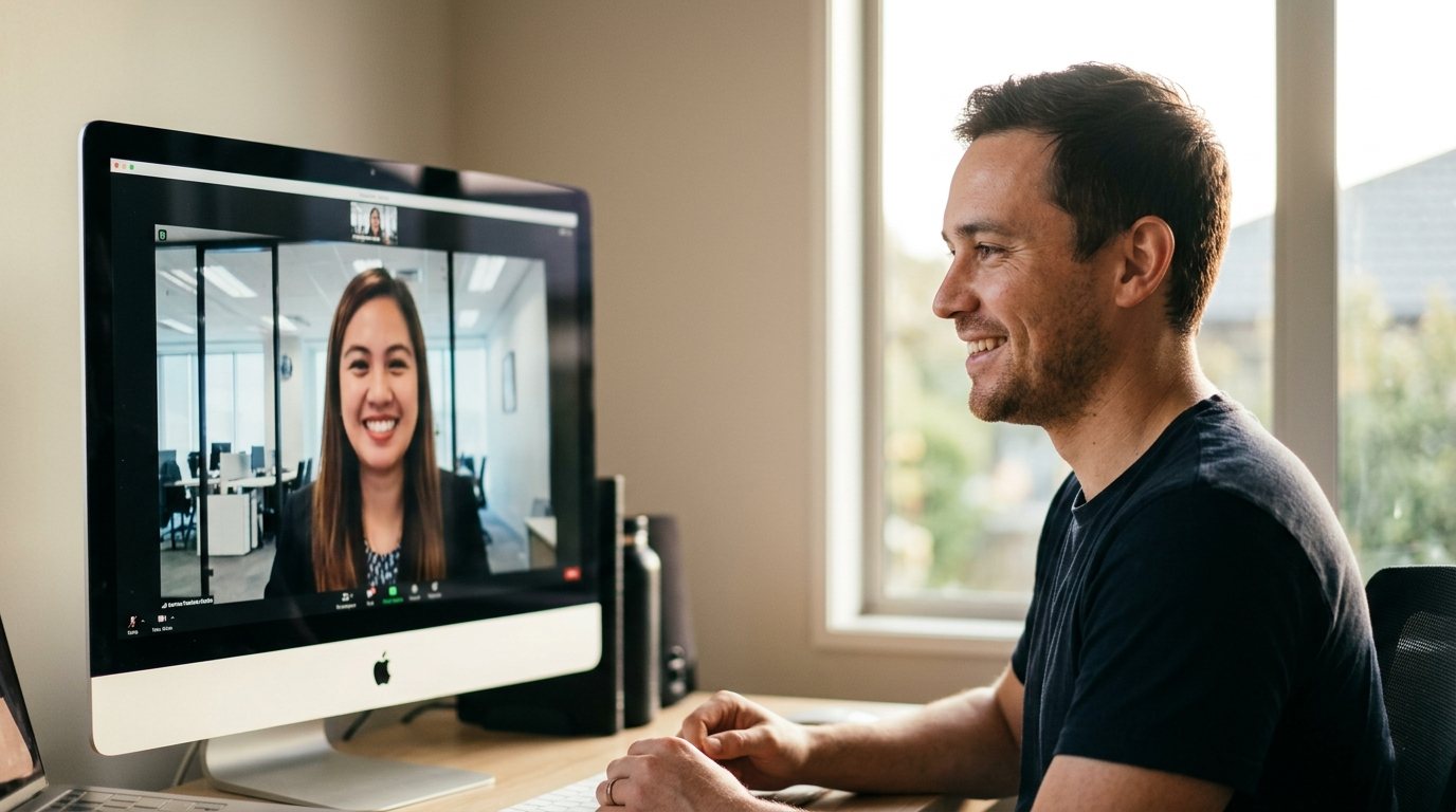 A NZ business owner on a video call with their Filipino virtual assistant