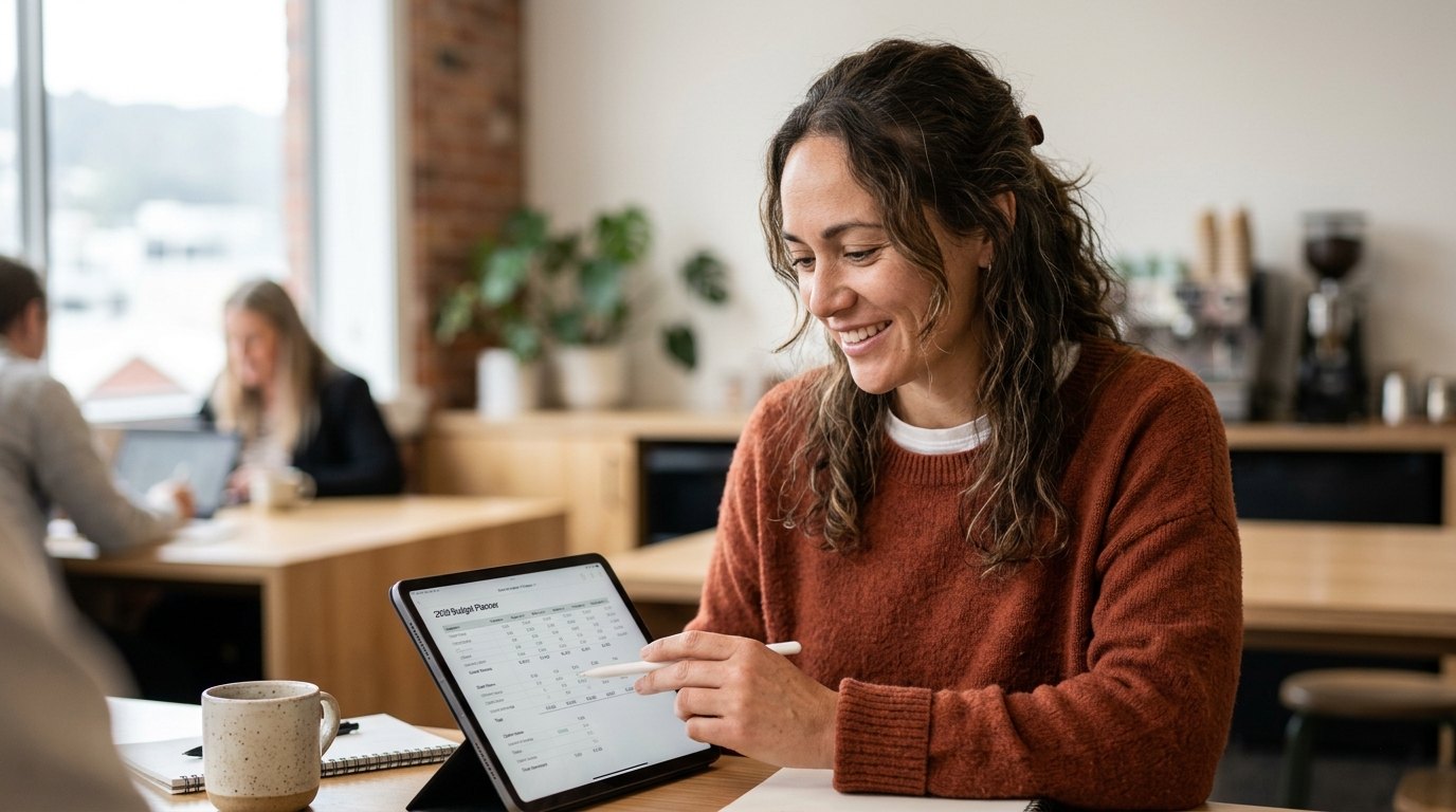 Business owner reviewing virtual assistant pricing on a tablet in a cafe